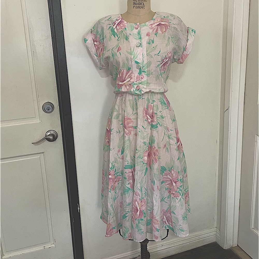 Vintage Pink Floral Carol Anderson Dress Cream Pastel Colors